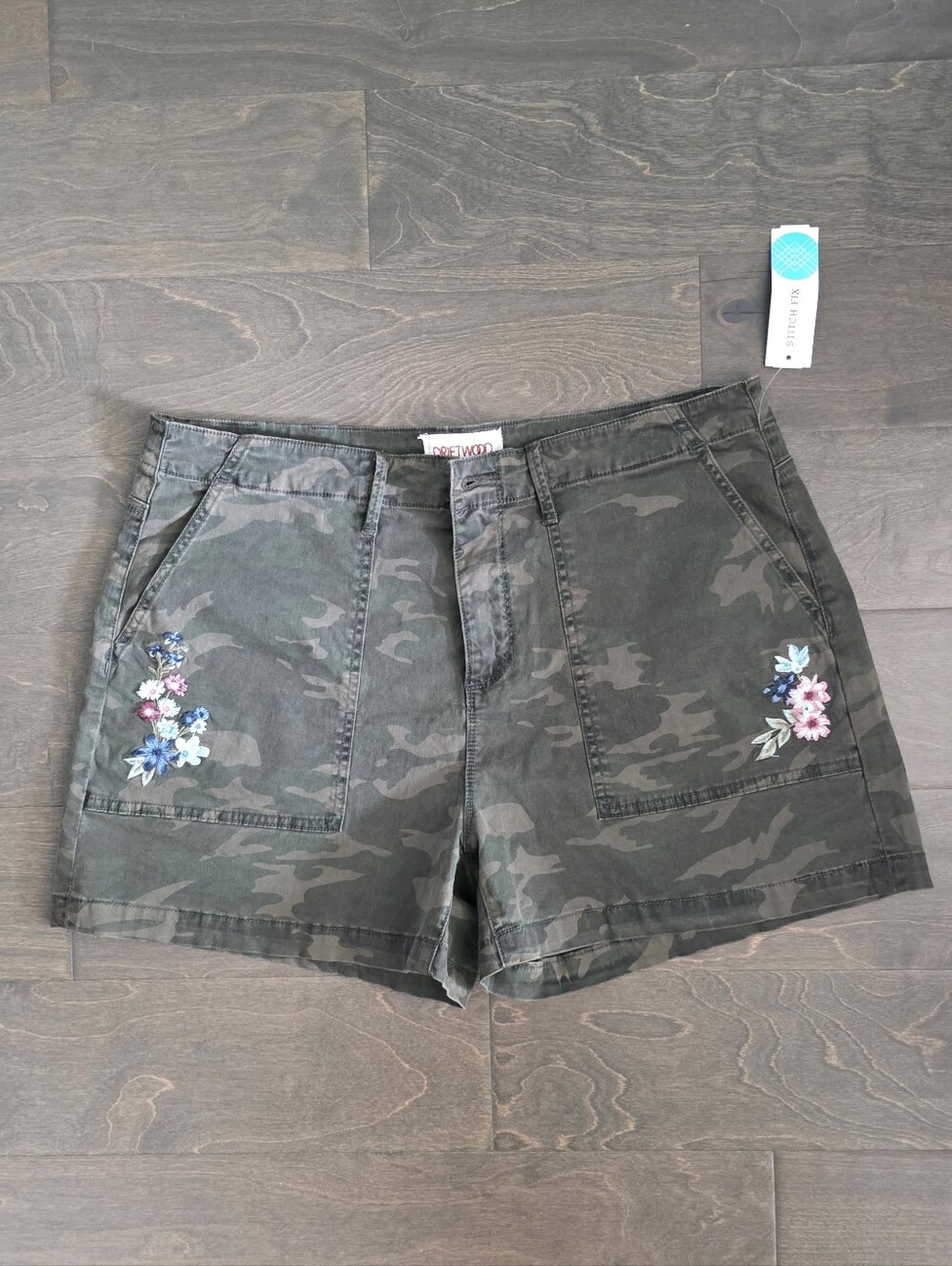 DRIFTWOOD Olive Camo Shorts with Floral Embroidery